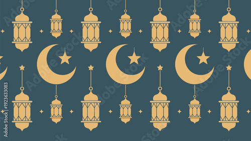 A vibrant seamless pattern showcases golden lanterns, crescent moons with stars, and hanging elements on a dark blue background.