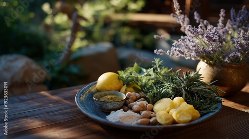 Natural remedy setup showcasing an assortment of herbal ingredients and foods to alleviate stomachache, displayed on a rustic wooden table. Soft sunlight streams in, highlighting the fresh, vibrant