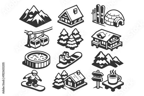 Winter icon set: cabins, snowboarding, mountains, skiing, igloo, trees, cable car.