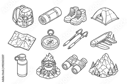 Outdoor adventure gear: backpack, tent, boots, and camping essentials illustration.