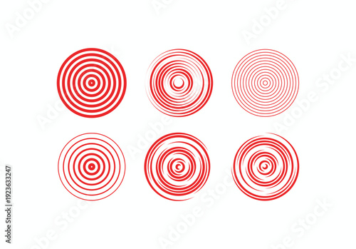 Red concentric circle ripple vector. Abstract sonar wave, radio signal, or target icons with brush stroke and clean styles. Professional vibration graphic elements isolated on white