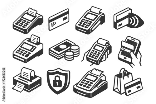 Payment technology icons: card readers, mobile transactions, secure payments.