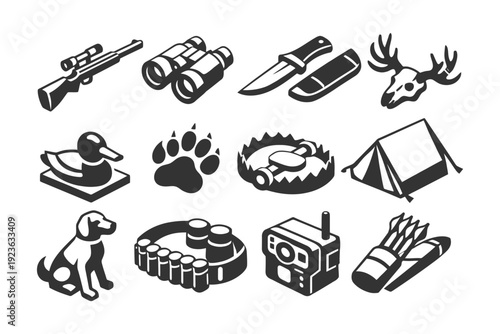 Hunting and outdoor adventure icons: rifle, binoculars, knife, tent, and more.