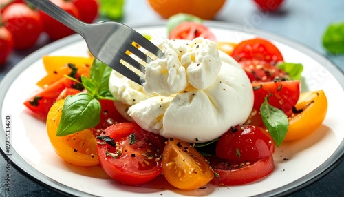 Italian Burrata di Andria. Cream explosion - fork splitting fresh burrata pouch, stracciatella oozing onto heirloom tomatoes