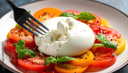 Italian Burrata di Andria. Cream explosion - fork splitting fresh burrata pouch, stracciatella oozing onto heirloom tomatoes