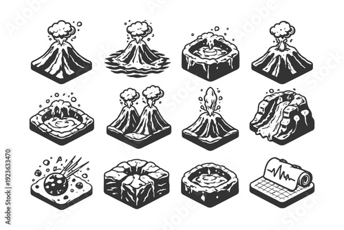 Black and white icons of volcanoes, geysers, and earthquakes.