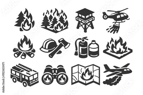 Wildfire prevention and safety icons: firefighting tools and emergency measures.