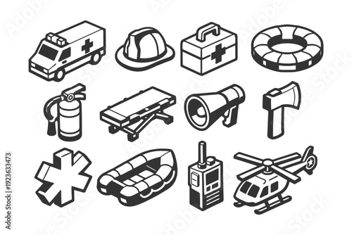 Emergency response icons: ambulance, helicopter, firefighter gear, lifesaving tools.