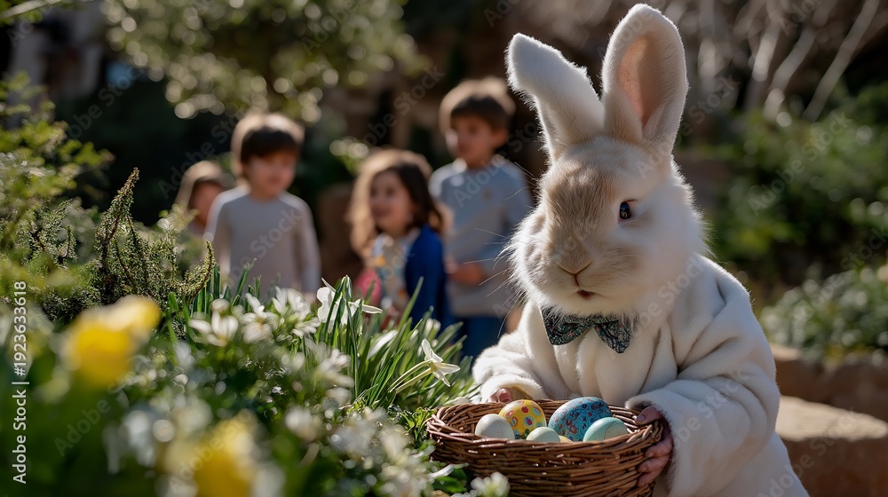 Naklejka premium Whimsical easter bunny hiding eggs in a lush garden, surrounded by cheerful children eagerly searching, filling the air with laughter and excitement. Vibrant spring colors and warm sunlight create