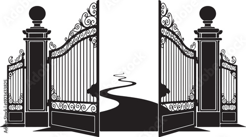 Open ornate iron gate with winding path illustration