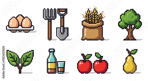 A collection of pixel art farming icons including eggs, tools, wheat, fruit, and trees in vibrant colors, perfect for agricultural themes