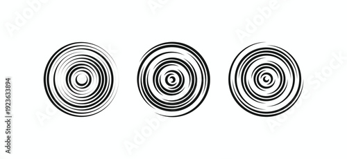 Black artistic circular ripples with textured brush strokes, concentric ring vector set for target, logo, or signal icons