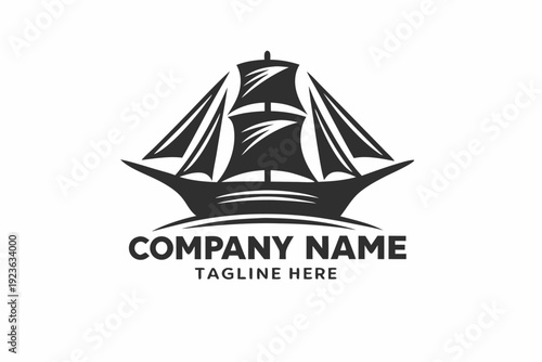 Stylized monochrome ship sails gracefully on rippling waves beneath for business identity