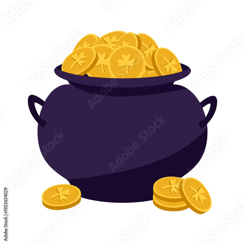 St Patricks Day pot of gold coins in cauldron, lucky treasure symbol, bright flat vector illustration isolated on white background. For posters, cards and stickers.