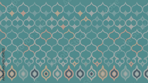 A sophisticated seamless pattern displays abstract Islamic ogee arch shapes in varying shades of green and subtle earthy tones.