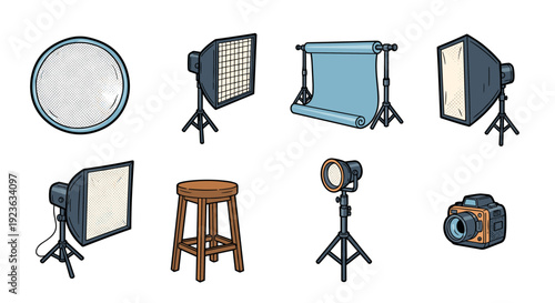 A collection of photography studio equipment icons including lights, backdrop, stool, and camera in flat modern vector style, suitable for creative projects and design