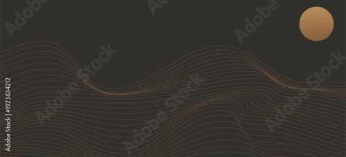 Vector abstract art landscape mountain with birds and sunrise with gold line art texture isolated on dark gray black background. eps10