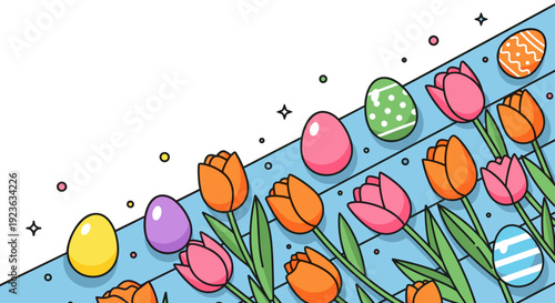 A collection of colorful Easter eggs and tulip flowers in a modern flat vector style, perfect for spring celebrations and holiday designs