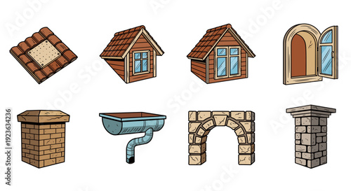 A collection of various architectural elements including roofs, windows, and chimneys in colorful flat vector style, suitable for design and construction projects