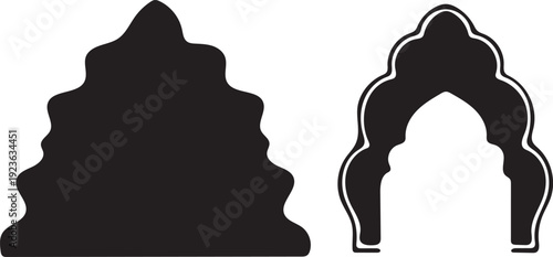 Black abstract organic wavy layered shape and traditional decorative archway portal illustration on white background. on white background