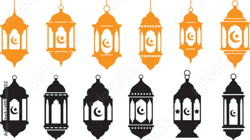 Collection of traditional Islamic lanterns featuring crescent moon and star for Ramadan and Eid celebrations on white background. on white background