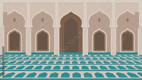 The interior of a grand mosque is depicted with multiple symmetrical arches and columns leading to an elaborate patterned teal and beige floor.