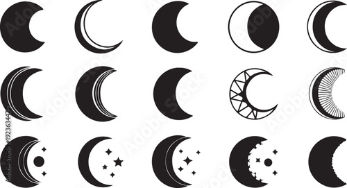 Collection of diverse crescent moon and lunar phase icons representing celestial astrology and magic on white background. on white background