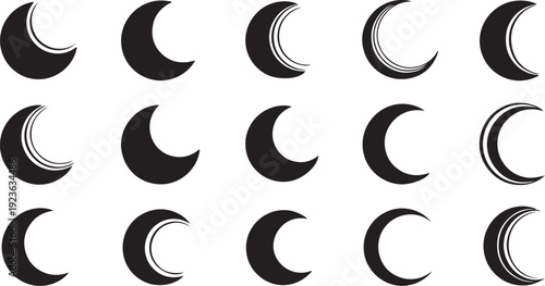 Collection of various black crescent moon and half-moon icons for nocturnal concepts on white background. on white background