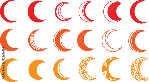 Vibrant collection of red and orange crescent moon icons with various decorative abstract patterns on white background. on white background