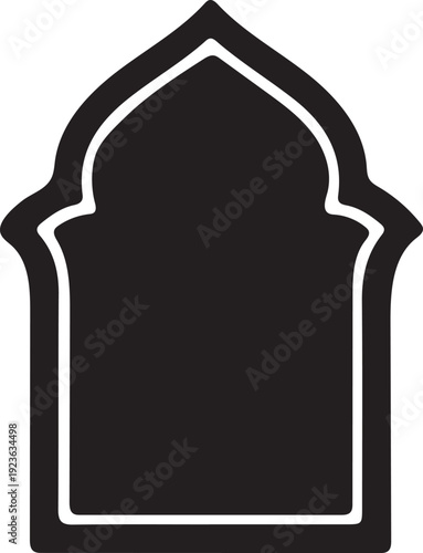 Black ornate Islamic arch silhouette or traditional Moroccan architectural niche with intricate decorative frame on white background. on white background