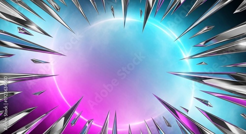 Abstract Shattered Prism: A mesmerizing, futuristic display of vibrant color and geometric artistry, the image features an array of sharp, prismatic shards converging toward a luminous, glowing orb.