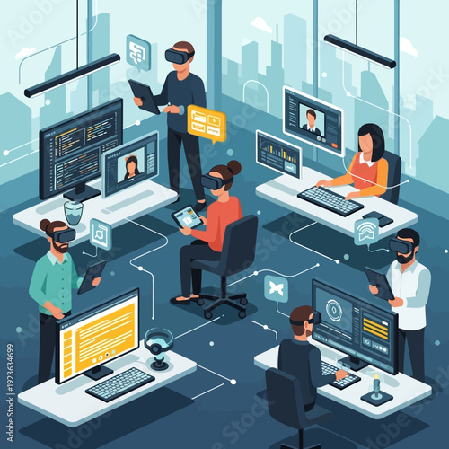 People working in a virtual reality office environment.