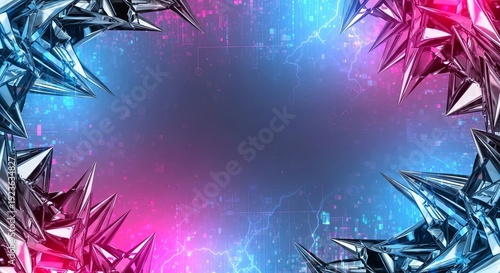 Abstract Futuristic Frame: A dynamic, neon-lit frame composed of sharp, crystalline structures, encapsulating a central area of ethereal light and color.