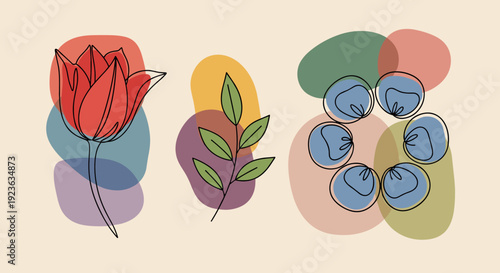A collection of stylized flowers, leaves, and blueberries in modern abstract vector style, ideal for nature-themed design projects