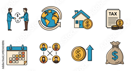 A collection of business and finance icons featuring transactions, tax documents, a globe, and growth graphs in flat colorful vector style, ideal for financial services and corporate branding