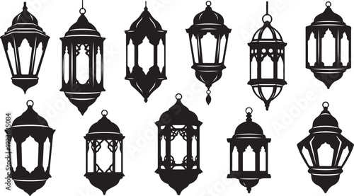 Collection of black lanterns with intricate designs and patterns