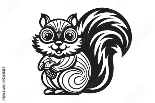 Stylized squirrel clutching an acorn is depicted in solid black and white format