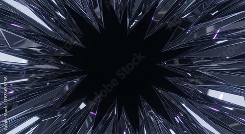 Abstract Geometric Intrigue: A mesmerizing display of angled, multifaceted surfaces converge towards a mysterious black void, creating a sense of depth and geometric fascination.