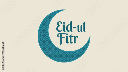 A decorative blue crescent moon with a patterned texture and the text "Eid-ul Fitr" on a light beige background.