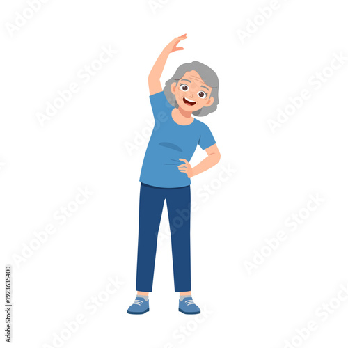 Happy senior woman stretching her body doing side bend exercise with a big smile and positive mood in an engaging illustration