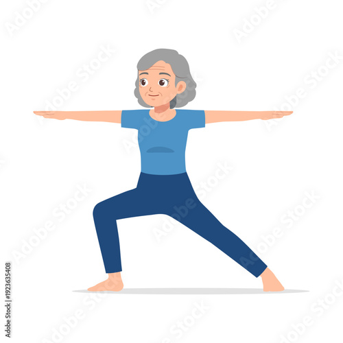 Elderly Asian woman smiling happily doing yoga Warrior II pose wearing blue top and pants