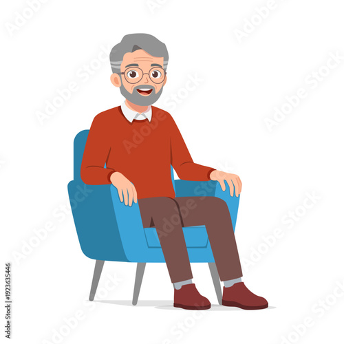 Happy elderly man sitting relaxed in a blue armchair smiling and enjoying his peaceful time