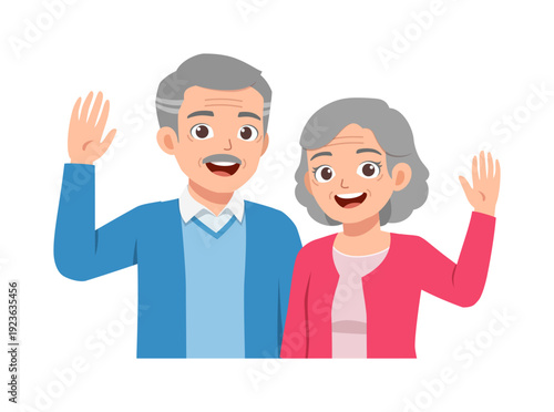 Happy elderly Asian couple waving friendly in a cheerful welcoming mood illustration