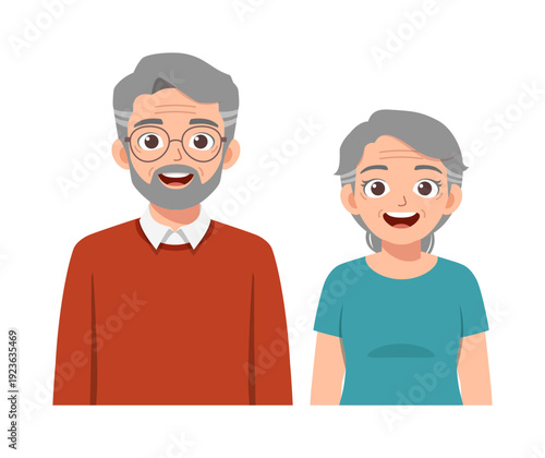 Happy Smiling Elderly Man with Glasses and Woman Standing Together Joyful Expression Cartoon Illustration