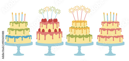 Birthday Cake and Sponge Cake with Candles Illustration Set, Hand Drawn Flat Design Vector Clip Art Isolated on White Background for Party, Festival, Carnival and Celebration Themes