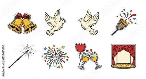 A collection of celebration-themed icons including bells, doves, fireworks, and champagne in a colorful vector style, perfect for party invitations and event designs
