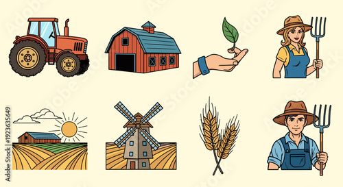 A collection of farming icons including a tractor, barn, windmill, farmer with tools, and crops in colorful flat vector style, suitable for agriculture and rural design projects