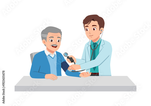 Elderly Asian man happy smiling having blood pressure checked by young Asian doctor in medical consultation