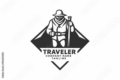 Stylized traveler stands ready for adventure with walking stick and cloak in monochrome form