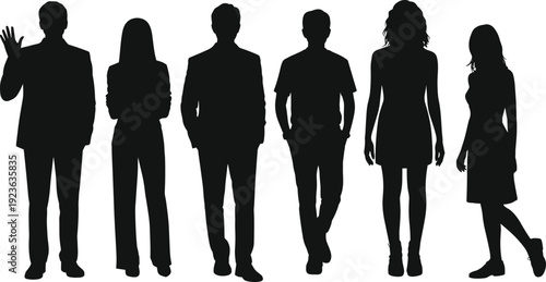 People, silhouettes, diverse, standing, group, men, women, casual, lifestyle, social, individuals, modern, profile, isolated, human, figures, vector, design, flat, illustration